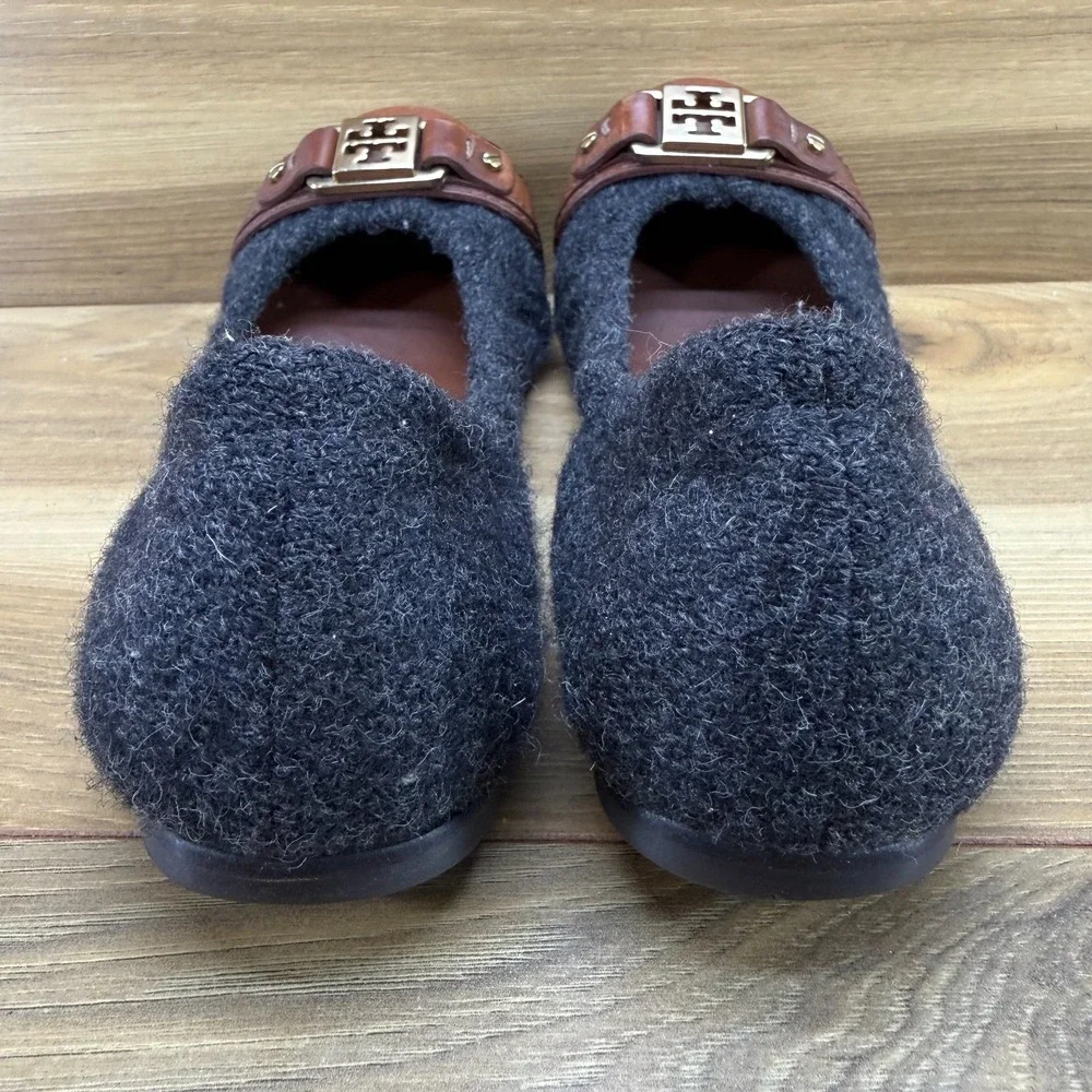 Tory Burch Ambrose Ballet Flats Womens‎ 6.5 M Charcoal Felt Brown Cap Toe